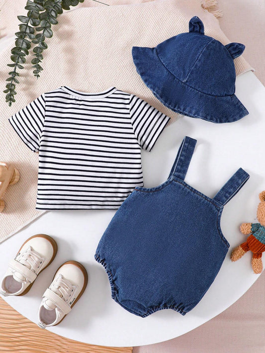 Sommer-Set für Babys – Gestreiftes T-Shirt & Latzhose mit Plüschbär