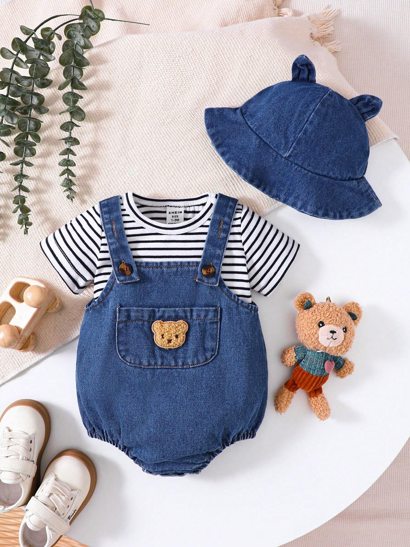 Sommer-Set für Babys – Gestreiftes T-Shirt &amp; Latzhose mit Plüschbär