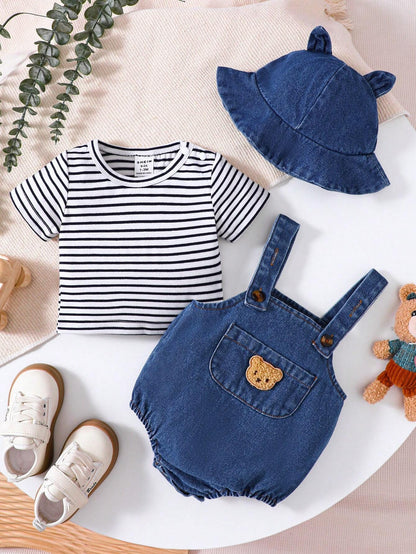 Sommer-Set für Babys – Gestreiftes T-Shirt &amp; Latzhose mit Plüschbär