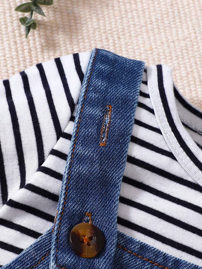 Sommer-Set für Babys – Gestreiftes T-Shirt &amp; Latzhose mit Plüschbär