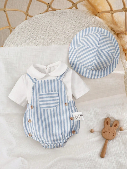 Sommer-Dreiteiler für Jungen – Gestreifte Latzhose