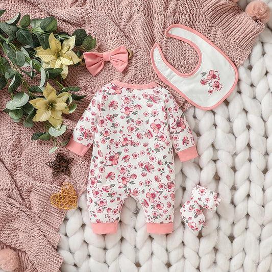 Baby-Mädchen-Jumpsuit-Set mit Blumenmuster und langen Ärmeln