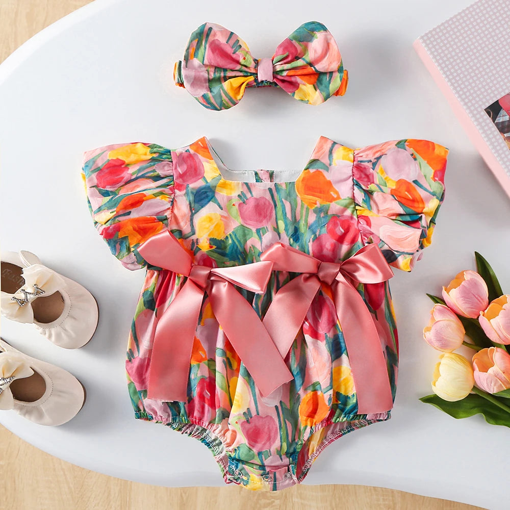 Tulpen-Strampler-Set – Mädchen-Body mit Haarband