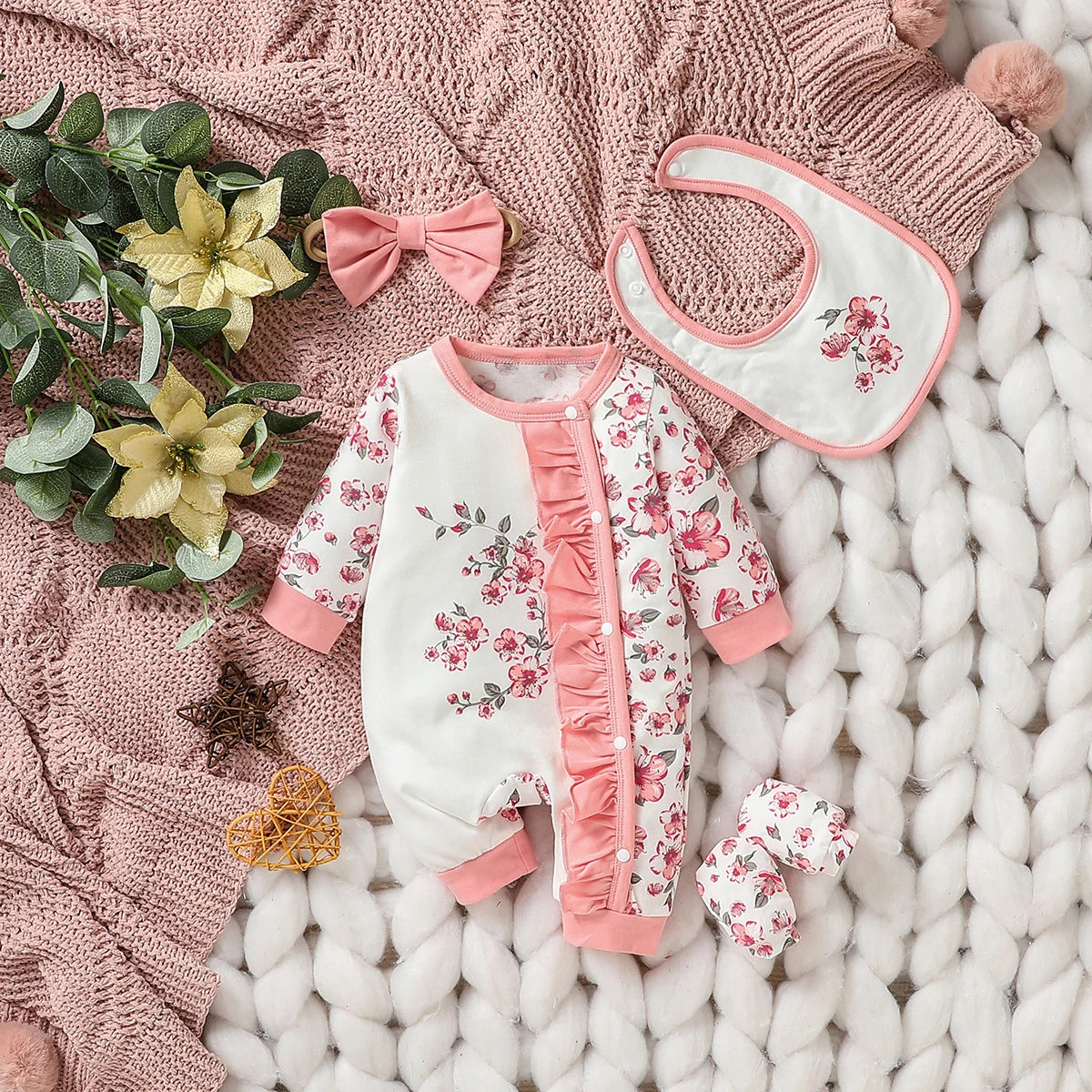 Baby-Mädchen-Jumpsuit-Set mit Blumenmuster und langen Ärmeln
