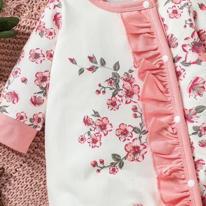 Baby-Mädchen-Jumpsuit-Set mit Blumenmuster und langen Ärmeln