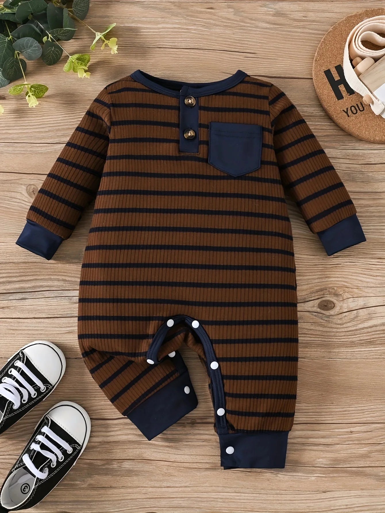 Baby-Jumpsuit Frühling &amp; Herbst, gestreift, blau, lange Ärmel