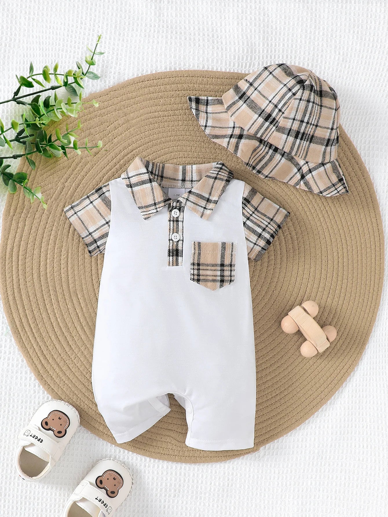 Baby-Jumpsuit, Sommer, kariert, kurze Ärmel